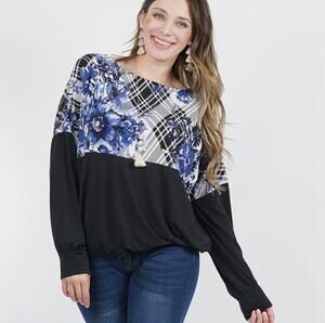 42 Pops - Plus Size Print Color Block Drawstring Top - 1X
